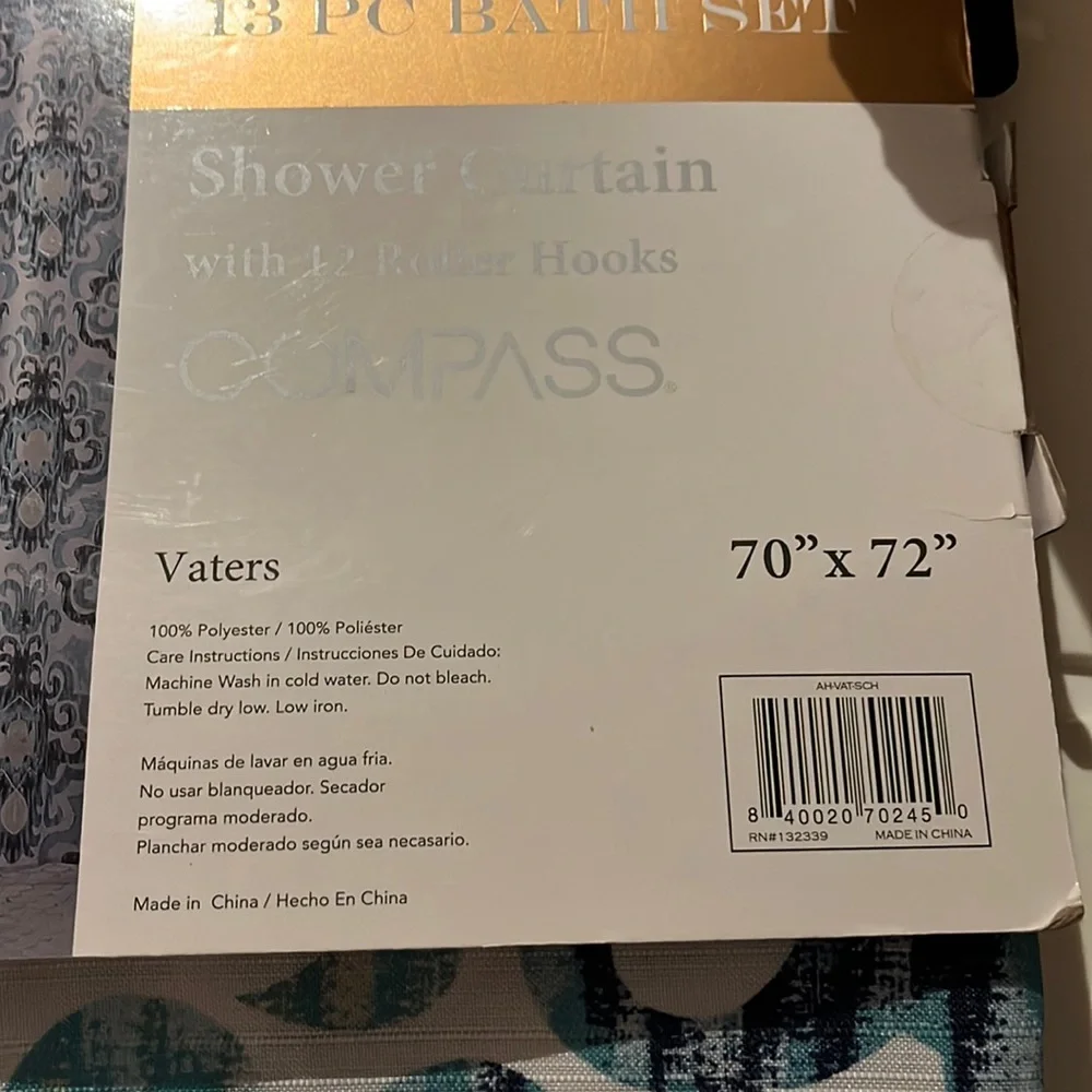 Compass bath set Shower Curtain 12 hooks 70” x 72” brand new Washable material